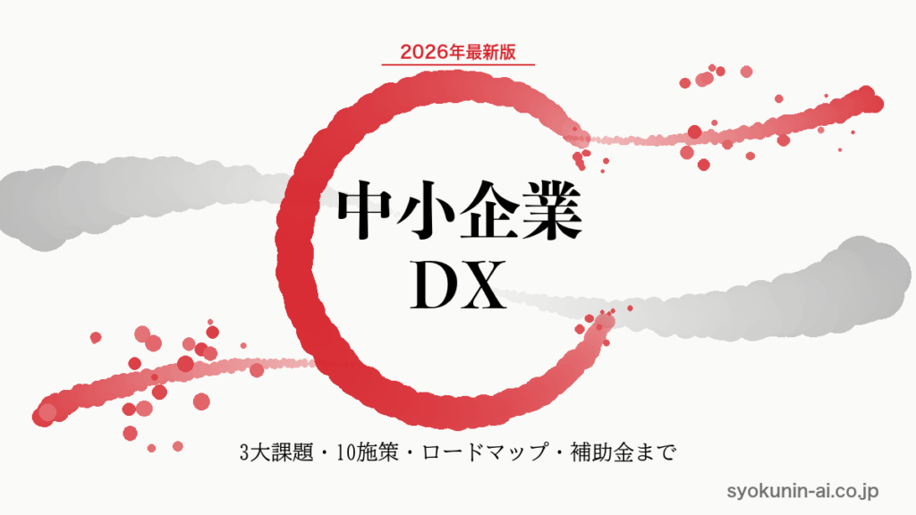 中小企業 DXの完全ガイド｜2026年に「待ったなし」となった理由・3大課題・10施策・標準ロードマップ・補助金まで解説する記事のアイキャッチ画像（職人AI 和ブランド・円相＋墨黒墨書スタイル）