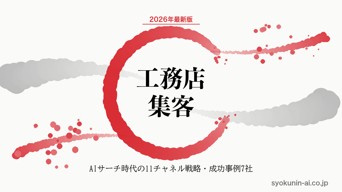 工務店 集客の完全ガイド｜2026年AIサーチ時代の11チャネル戦略・成功事例7社・補助金まで解説する記事のアイキャッチ画像（職人AI 和ブランド・円相＋墨黒墨書スタイル）