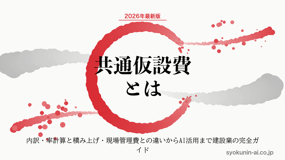 共通仮設費とは|建設業の内訳・率計算と積み上げ・現場管理費との違いからAI活用まで2026年完全ガイドの記事のアイキャッチ画像(職人AI 和ブランド・円相+墨黒墨書スタイル)